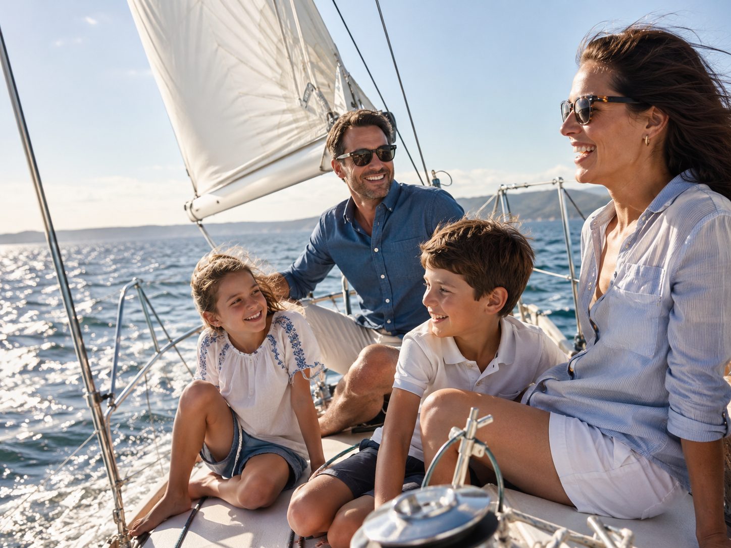 Familj på segelbåt i sommarsol